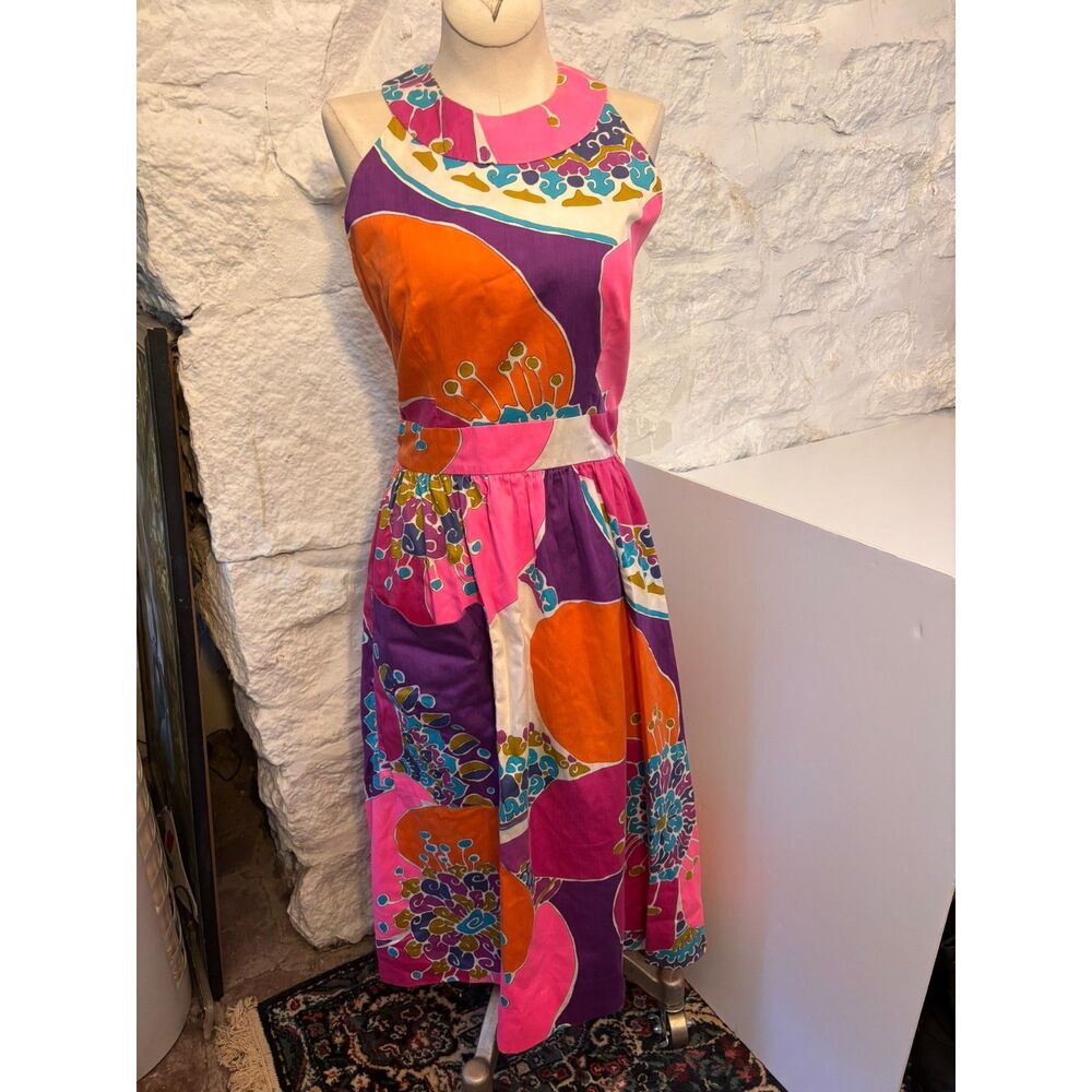 Vintage 70s Tori Richard Honolulu Psychedelic Mod Halter Dress T-Back Midi As Is